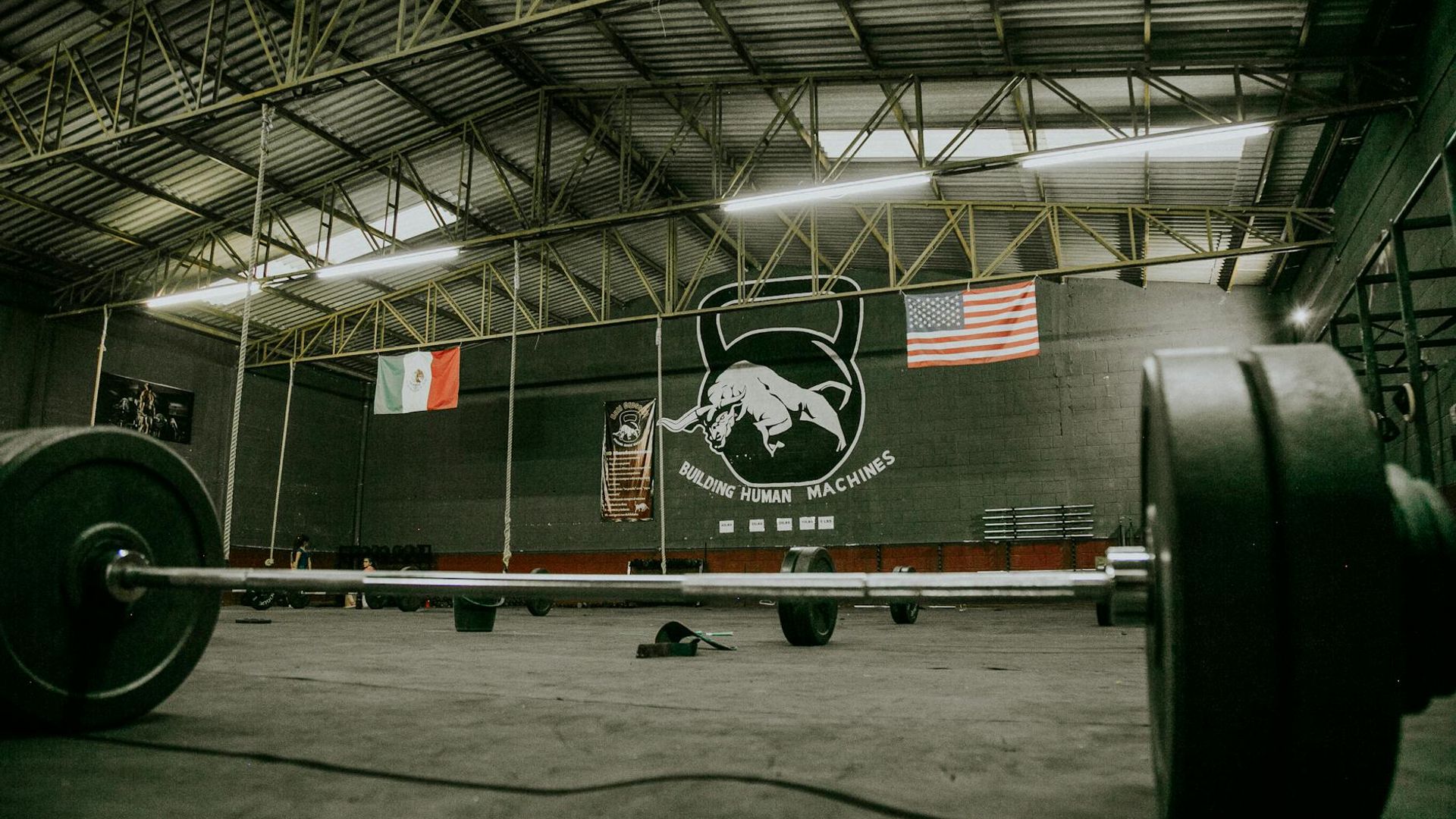 Professional gym training environment with weights and high ceiling